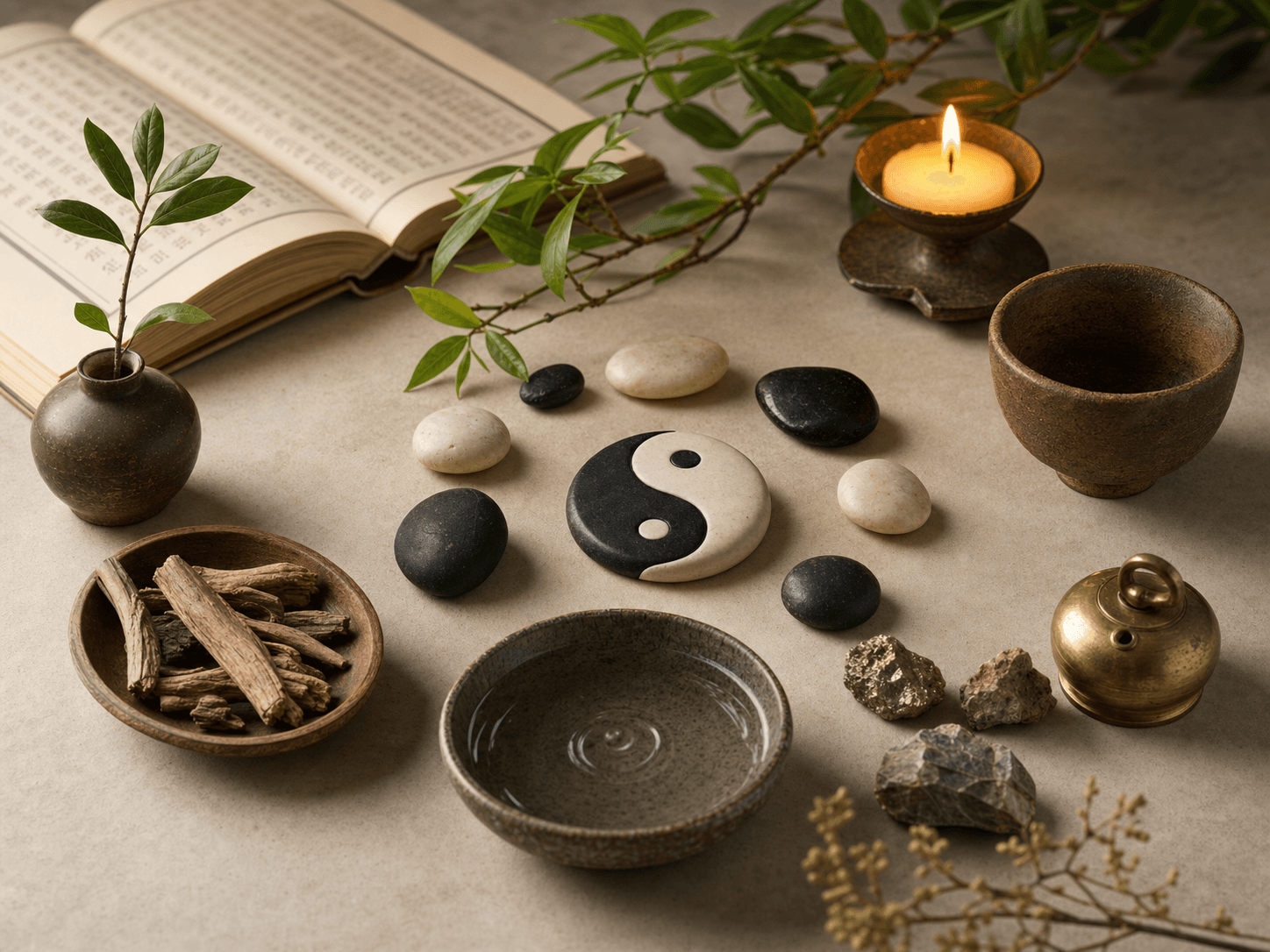 A quiet still life of Five Elements materials, Yin-Yang balance, candlelight, and warm paper.