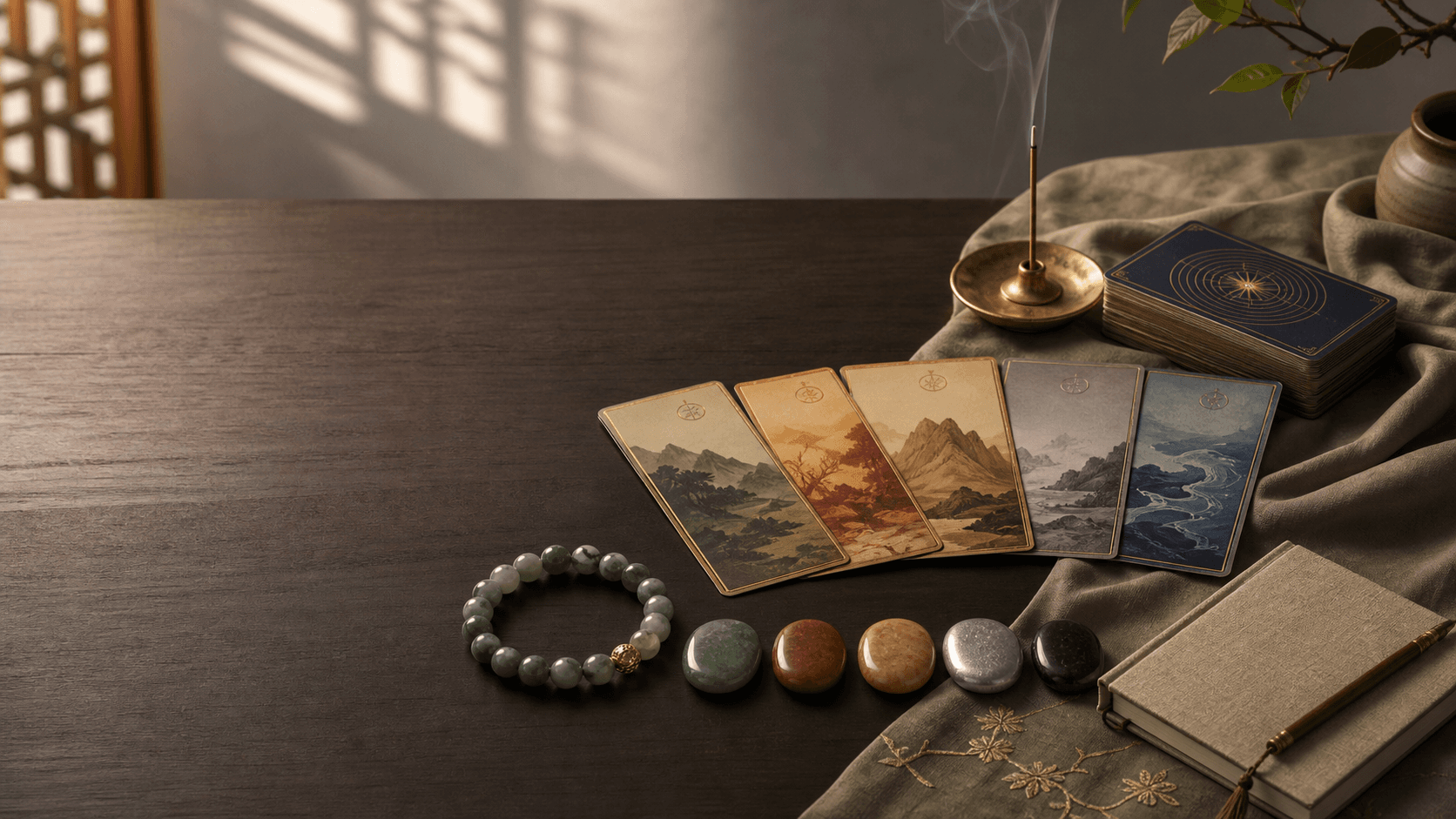 Journals, incense, stones, and symbolic objects arranged for Eastern Elements