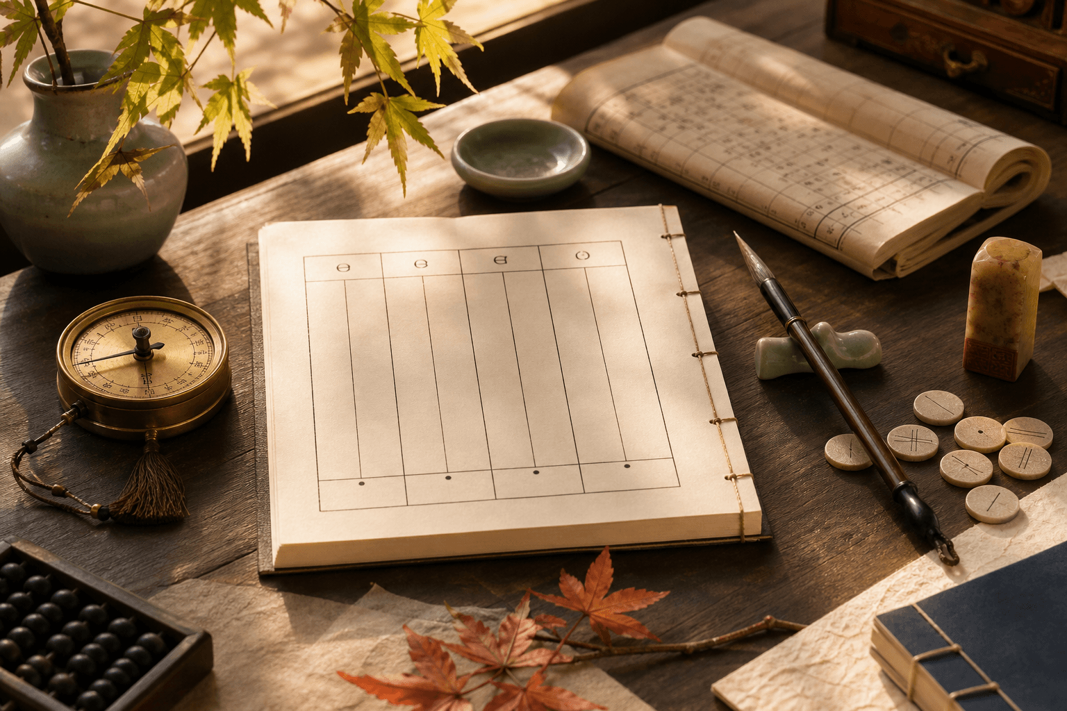 A refined BaZi Four Pillars study scene with a structured birth-time chart, calendar objects, brush, and warm light.
