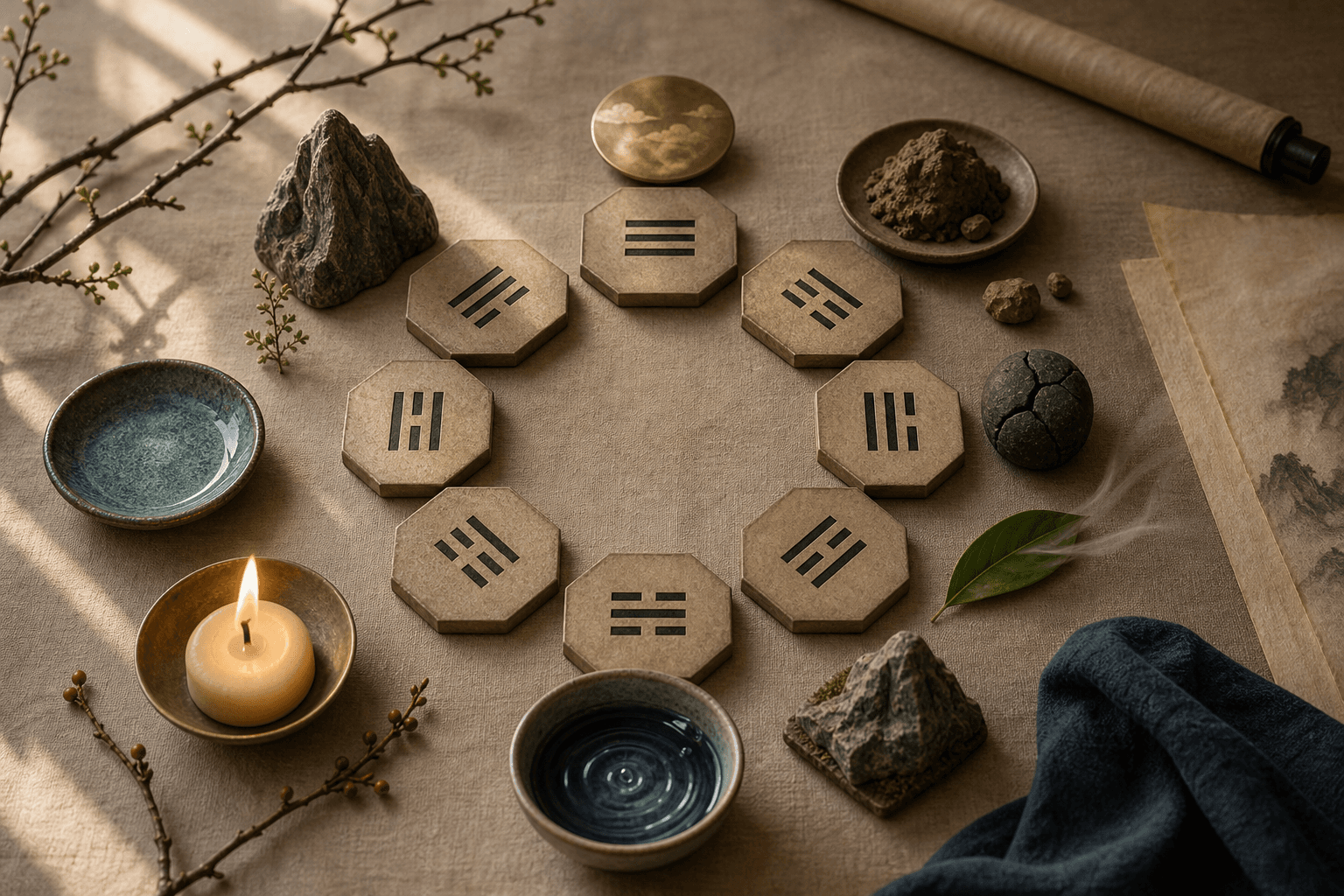 A quiet Daoist cultivation scene with a calm courtyard atmosphere and morning light.