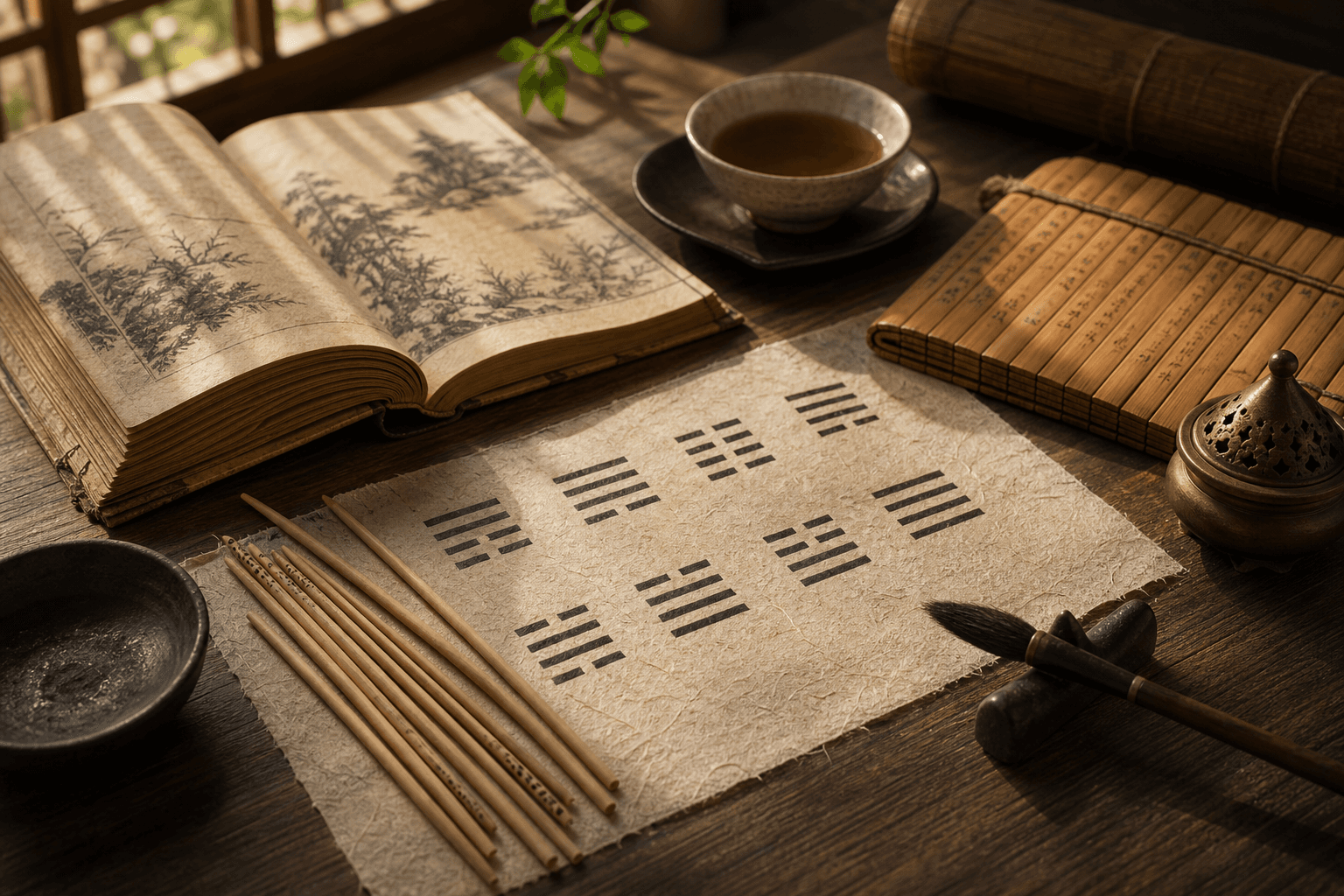 A scholarly Eight Trigrams study desk with classical objects, paper, and warm light.