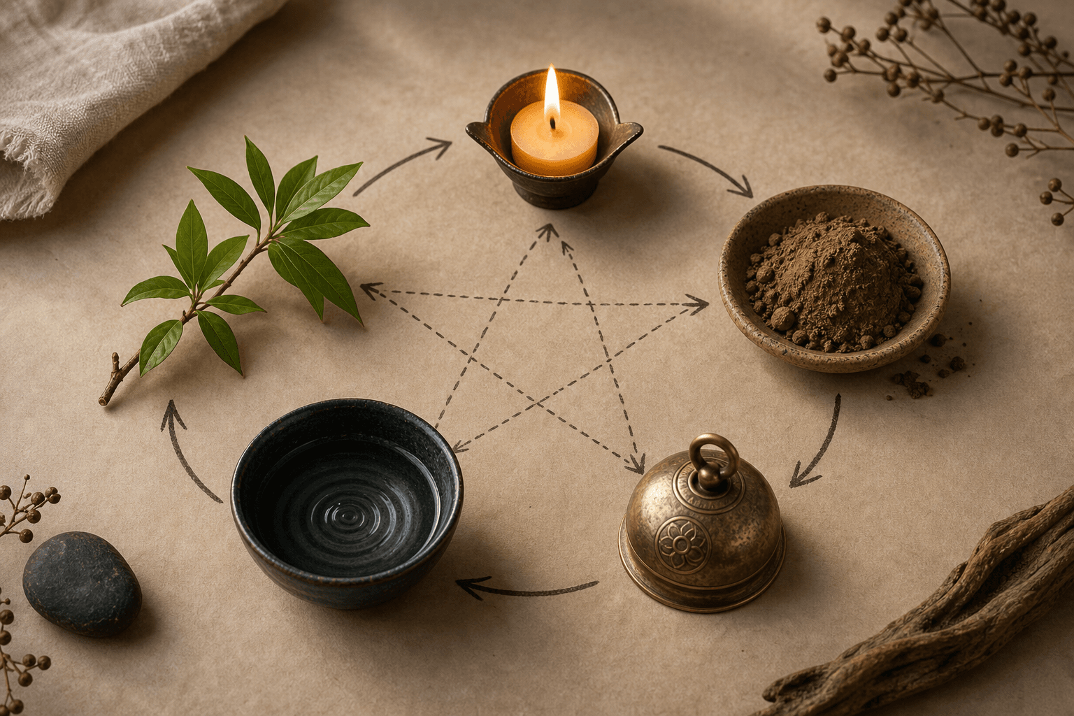 A refined Five Elements study arrangement with natural objects, warm light, and classical materials.