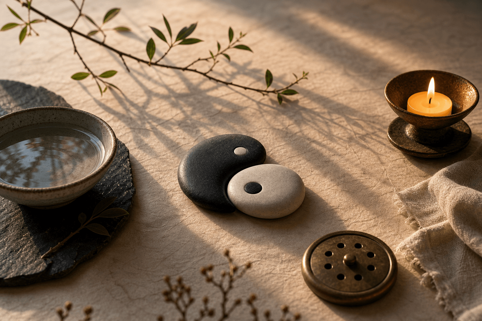 A quiet Yin-Yang still life with water, candlelight, branches, and warm paper.